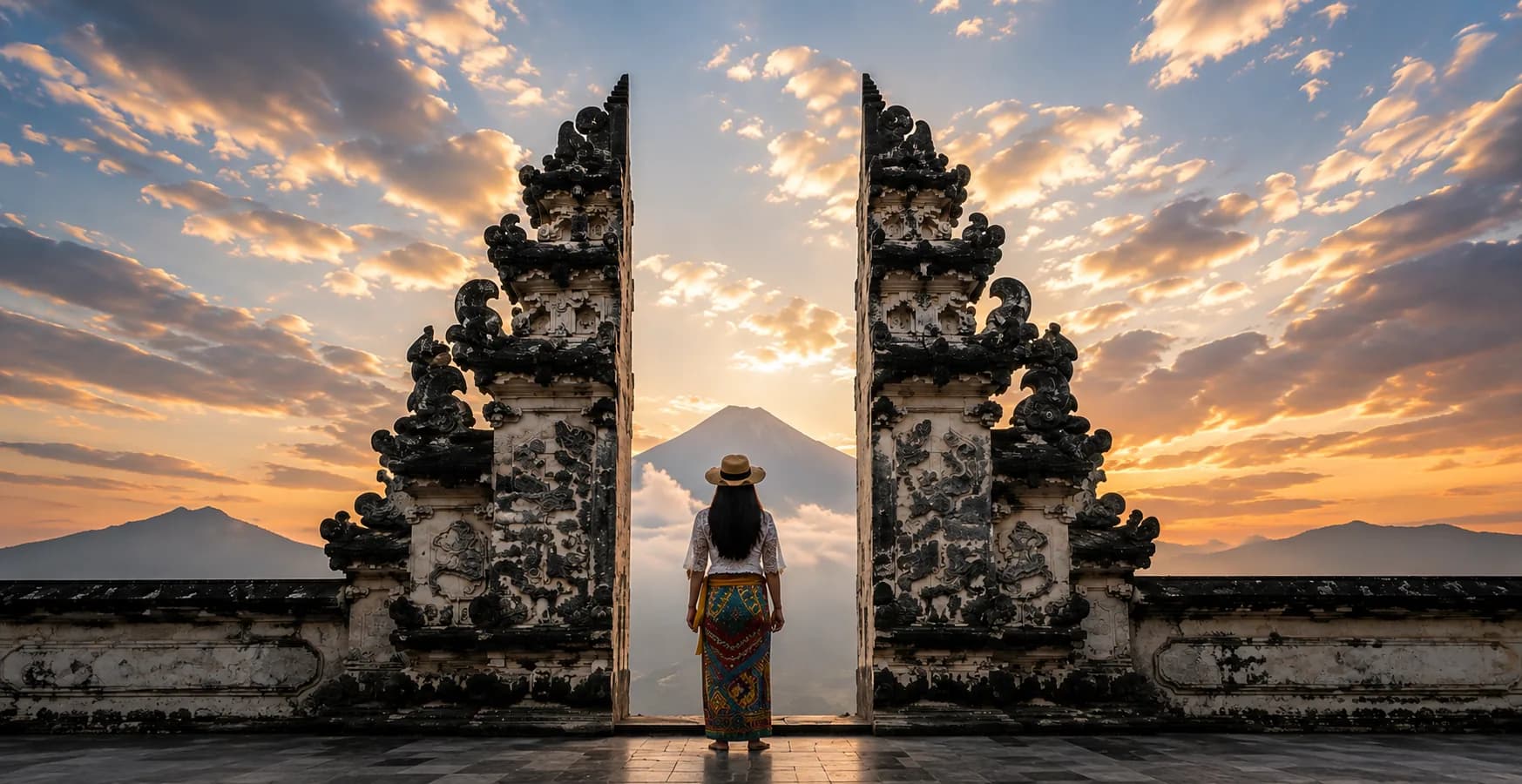 Viajera frente a una puerta de templo en Asia
